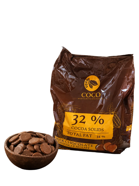 أقراص شوكولاتة حليب COCO 32% بمكونات بلجيكية - لمعان فاخر وقشرة كرنشي