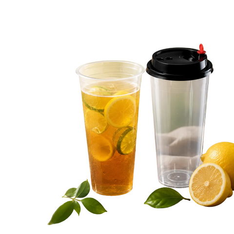 أكواب بلاستيك شفافة PP مع غطاء أسود Clear Cup - 700مل عدد 14 حبة لشاي البوبا والعصائر